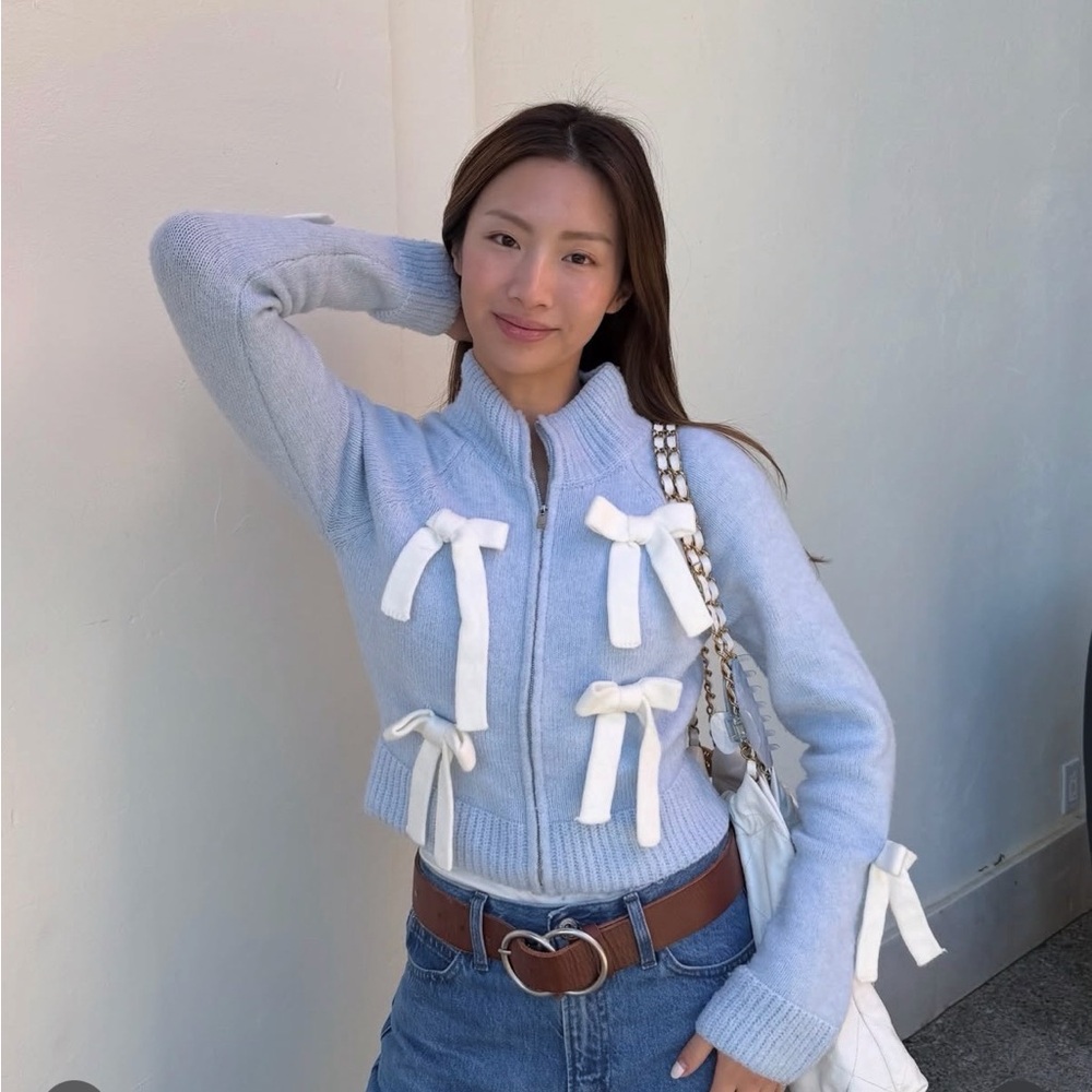 Women's Blue and White Bow-Accent Jacket CIDER
